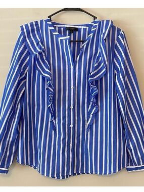 J. Crew Royal Blue & White Vertical Stripe Ruffle Blouse